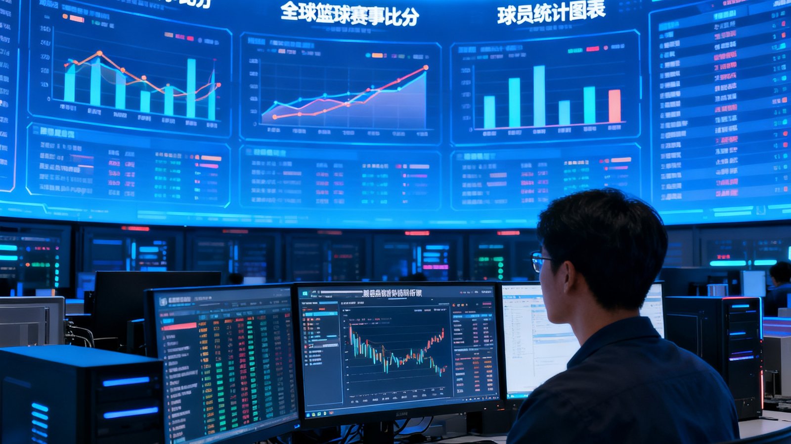 HTH华体会体育数据中心内，巨型弧形LED屏幕上实时显示着全球多个足球和篮球赛事的比分数据与球员统计图表，数据分析师正专注地监控数据流。