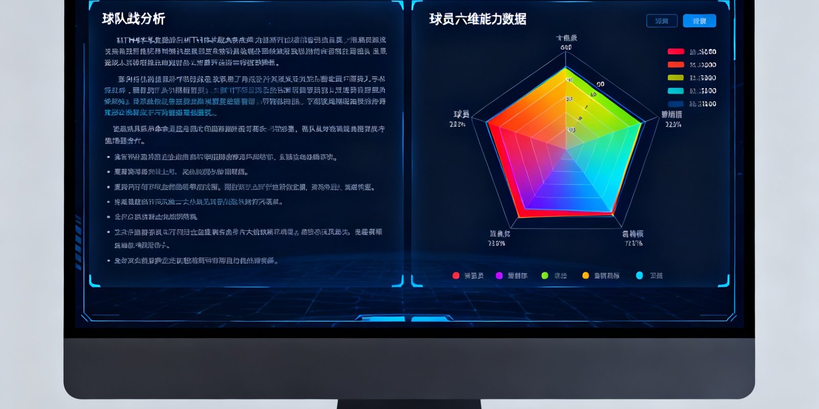 电脑屏幕上展示着HTH华体会的AI分析报告，左侧是详细的球队战术分析文字，右侧是彩色雷达图展示球员六维能力数据，图表清晰标注了各项指标的具体数值。